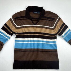 Vintage 90s De Rotchild Womens Sweater Large Brown Striped Boho Collared V Neck